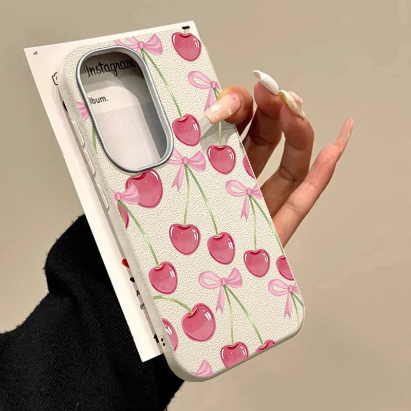 Cherry Bowknot Printed TPU Phone Case For Samsung Galaxy A56 A16 A36 A55 A15 A25 A26 A35 A54 A53 5G Leather Texture Back Cover