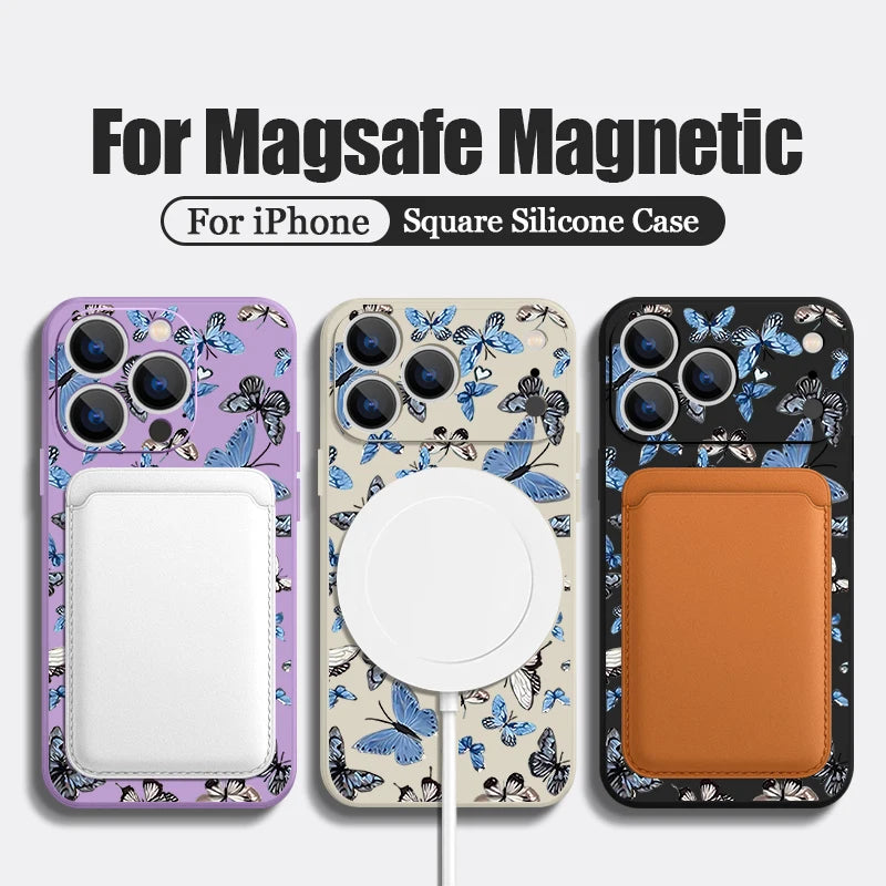 Blue Butterfly Pattern Phone Case For iPhone 17 Pro Max Air 16E 16 15 14 13 12 Pro Max 11 Magnetic For Magsafe Lanyard TPU Cover