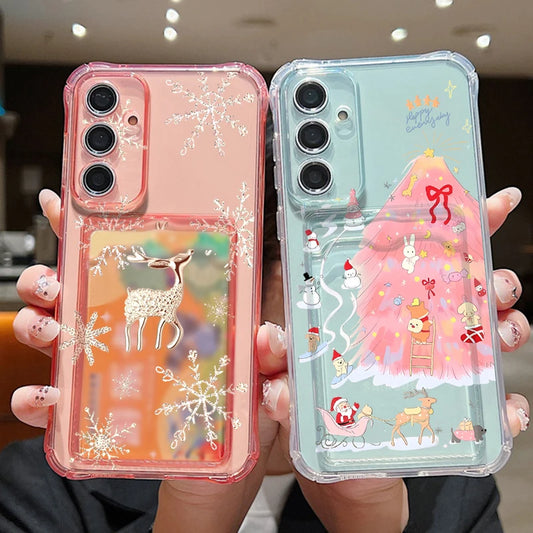 Card Pocket TPU Phone Case For Samsung Galaxy S25 S24 S23 Ultra S24 S23 S25 FE S22 S21 Plus Christmas Elk Pattern Soft Cover