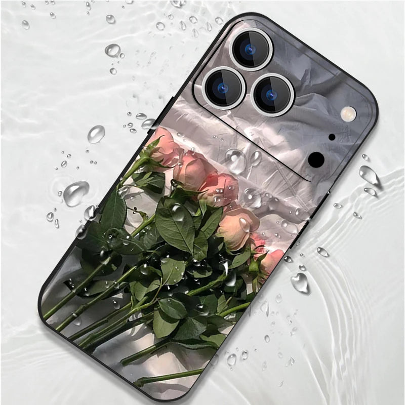 Wrist Strap Lanyard TPU Phone Case For iPhone 17 16 15 Pro Max 12 13 14 Pro Max Air 11 Pink Rose Pattern Soft Silicone Cover