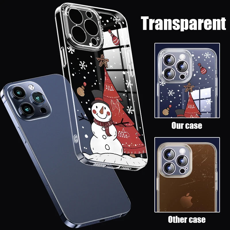 Transparent Hard PC Case For iPhone 17 15 14 13 12 16 Pro Max 16e 11 Crystal Clear Christmas Tree Snowman Printed Phone Cover