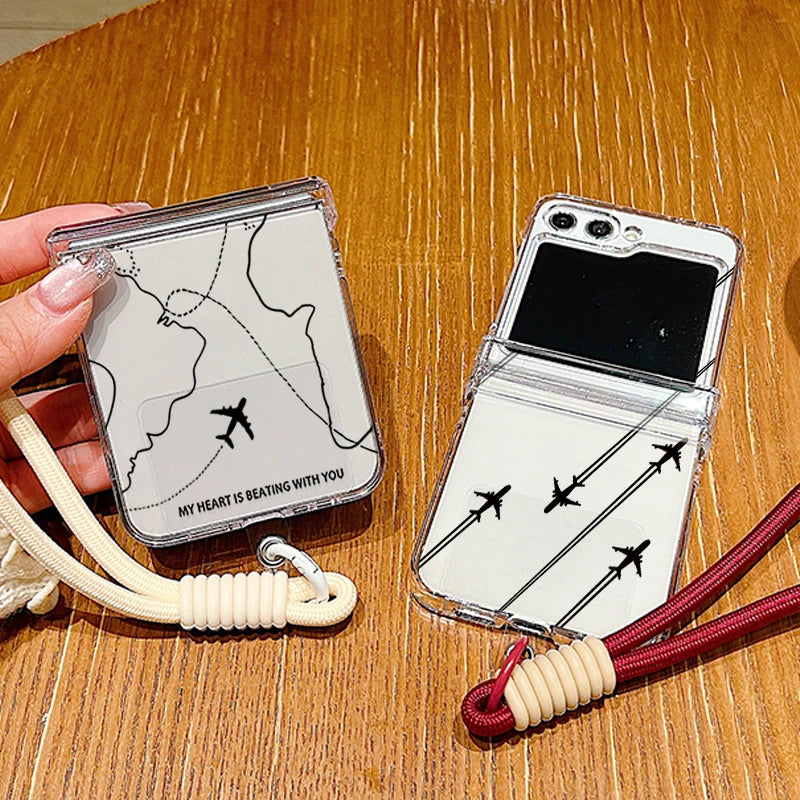 Wrist Strap Lanyard Phone Case For Samsung Galaxy Z Flip7 Flip6 Flip5 Flip4 Flip 7 FE 6 5 4 3 5G Airplane Pattern Folding Cover