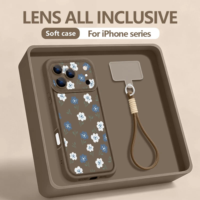 Wrist Strap Lanyard Phone Case For iPhone 17 Pro Max Air 16E 16 14 15 Pro 12 13 Pro Max 11 Blue White Flower Printed TPU Cover