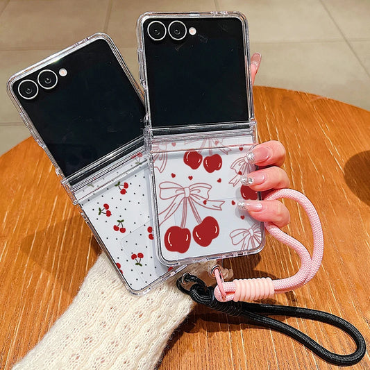 Wrist Strap Lanyard Phone Case For Samsung Galaxy Z Flip7 Flip6 Flip5 Flip 7 FE 6 5 4 3 5G Bowknot Cherry Printed Folding Cover