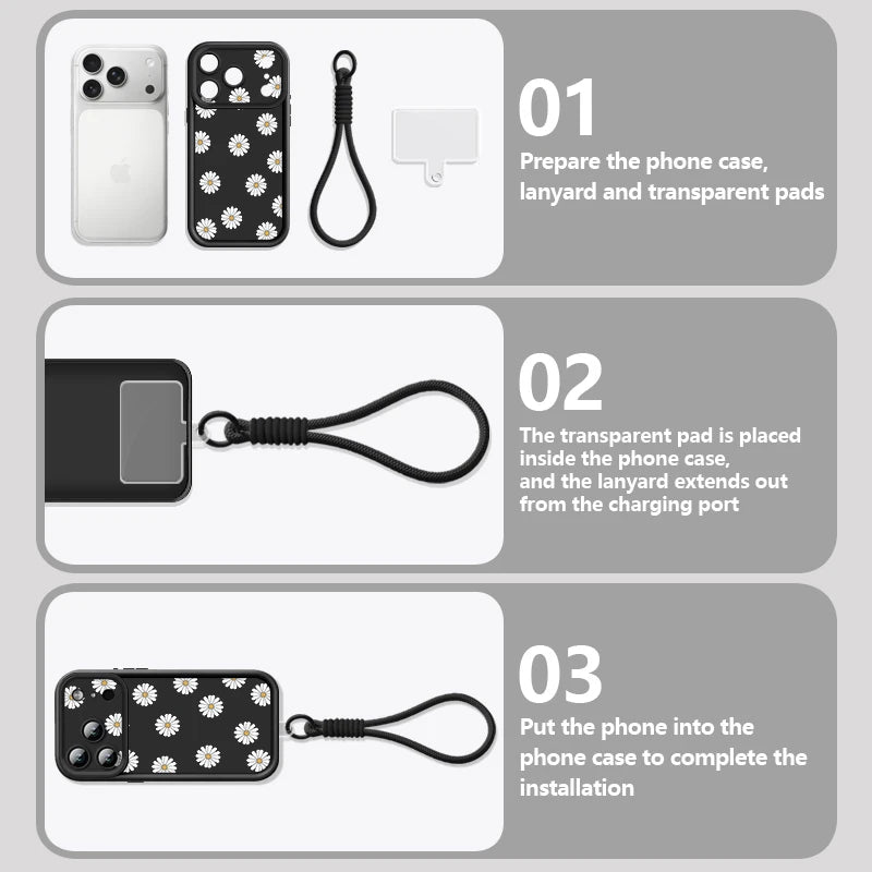 Wrist Strap Lanyard Phone Case For iPhone 17 Pro Max Air 16E 16 14 15 Pro 12 13 Pro Max 11 White Flowers Printed Soft TPU Cover