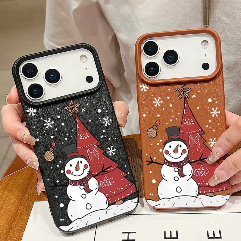 Christmas Snowman Print Phone Case For iPhone 17 16 15 14 Pro Max 13 12 Pro Air 11 16e Shockproof Leather Texture TPU Soft Cover