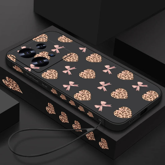 Leopard Print Love Heart Printed TPU Phone Case For Xiaomi 13T 11T 14T Pro Wrist Lanyard Soft Silicone Cover For Mi 14T 13T Pro