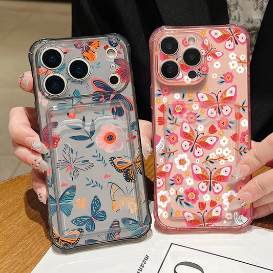 Card Slot Pocket Case For iPhone 17 16 Pro 15 14 13 Pro Max 11 Shockproof Pink Butterfly Pattern Soft Silicone Clear Phone Cover
