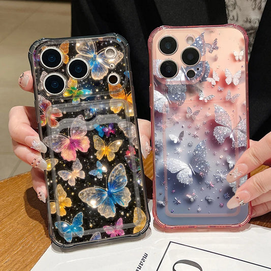 Card Slot Pocket Case For iPhone 17 16 Pro 15 14 13 Pro Max 11 Shockproof Gorgeous Butterfly Pattern Soft Silicone Phone Cover
