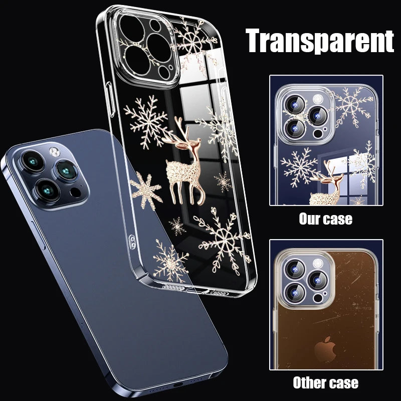 Transparent Hard PC Case For iPhone 17 Pro Air 15 14 13 12 16 Pro Max 16e 11 Crystal Clear Christmas Elk Pattern Phone Cover