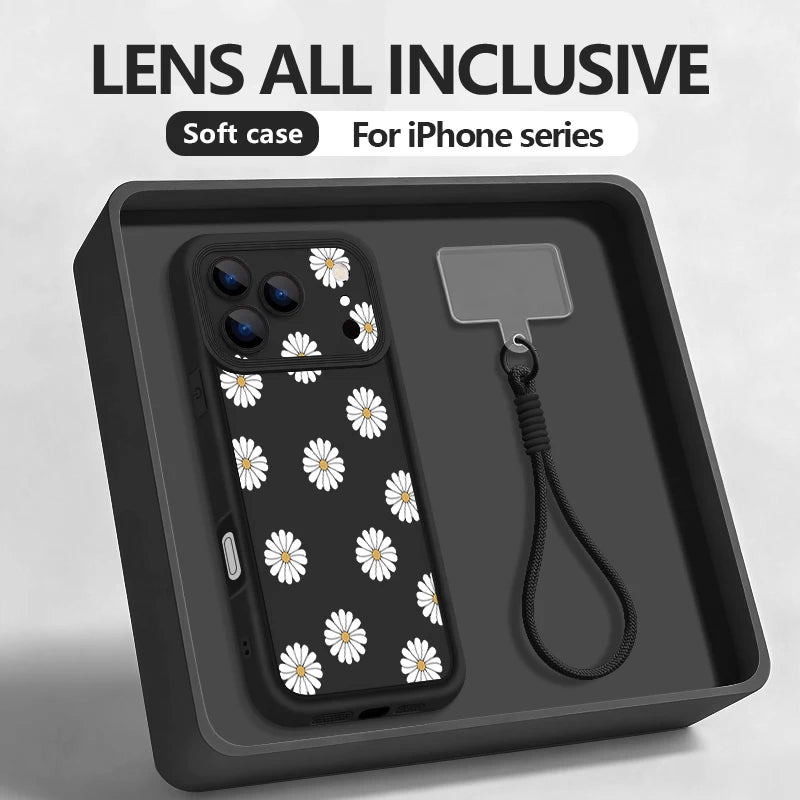 Wrist Strap Lanyard Phone Case For iPhone 17 Pro Max Air 16E 16 14 15 Pro 12 13 Pro Max 11 White Flowers Printed Soft TPU Cover