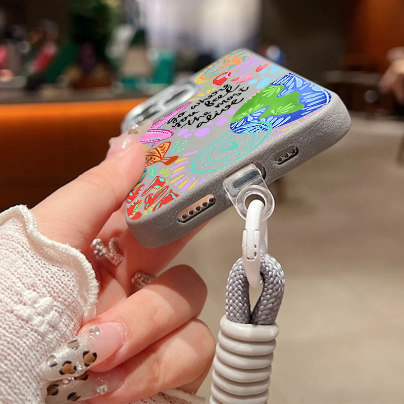 Wrist Strap Lanyard Phone Case For iPhone 17 16 15 Pro Max 14 15 Plus 13 12 Pro Max 11 Air Creative Pattern Soft Silicone Cover