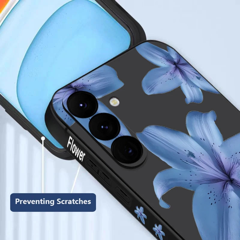 Soft TPU Phone Case For Samsung Galaxy S24 S25 FE S25 S23 S22 Ultra A17 A56 A16 A55 A25 A15 A36 A54 5G Blue Flower Print Cover