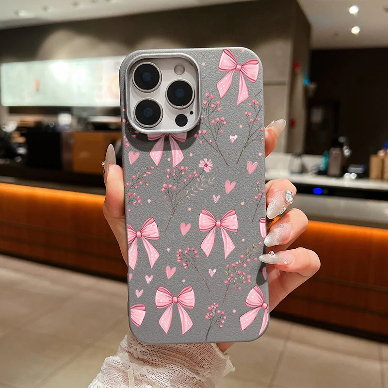 Leather Texture Soft TPU Phone Case For iPhone 17 16 15 Pro Max 14 15 Plus 13 12 Pro Max 11 Air Pink Bowknot Pattern Back Cover