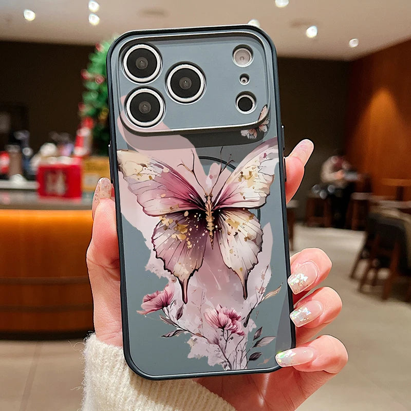 Magnetic Phone Case For iPhone 17 Pro 16 15 14 13 Pro Max For Magsafe Wireless Charge Pink Butterfly Print Hard PC Back Cover