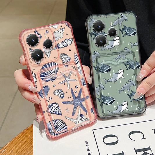 Card Pocket Case For Xiaomi Redmi Note 14 Pro Plus Note 13 11 12 14 Pro 5G 14C 13C 4G Starfish Shark Print Soft TPU Phone Cover