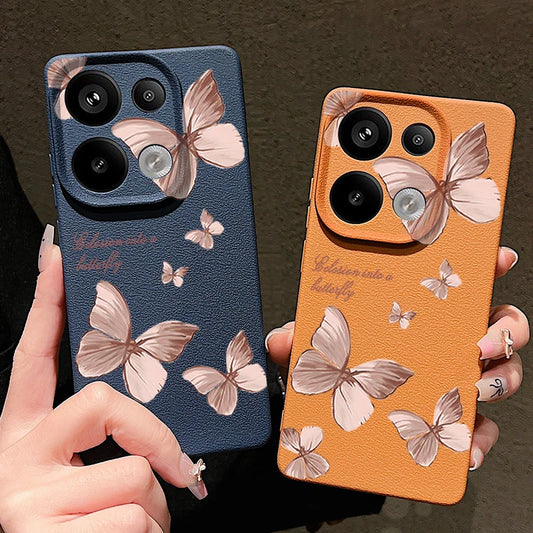 Pink Butterfly Pattern Phone Case For Xiaomi Redmi Note 14 13 Pro 4G Note 13 14 Pro Plus 5G 13C 11 Pro Leather Texture TPU Cover