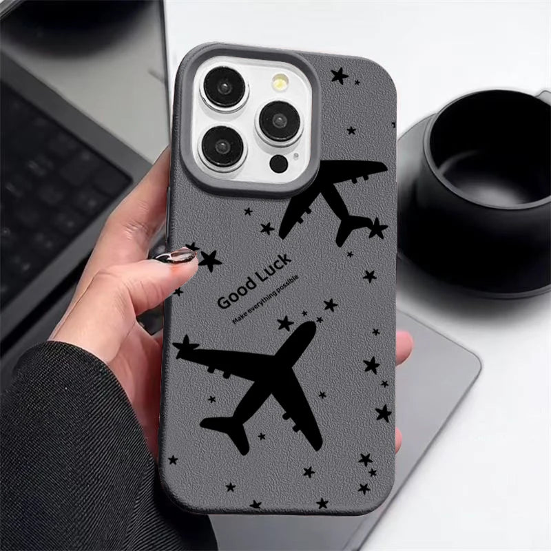 Airplane TPU Case For iPhone 16e 16 Pro Max 12 13 14 15 Pro Max 11 Shockproof Leather Texture Soft Silicone Phone Cover Fundas