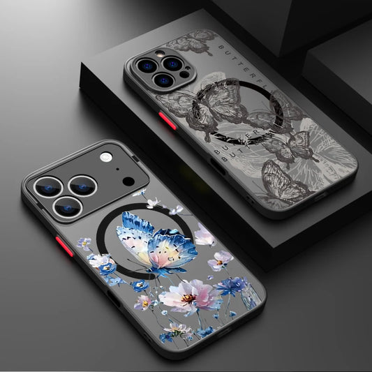 Translucent Matte Phone Case For iPhone 17 16e 16 15 Pro 14 13 Pro Max For Magsafe Colorful Butterfly Printed Hard PC Back Cover
