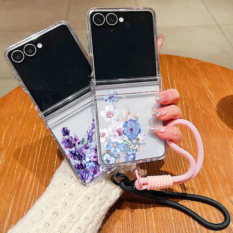 Wrist Strap Lanyard Phone Case For Samsung Galaxy Z Flip7 Flip6 Flip5 Flip4 Flip 7 FE 6 5 4 3 5G Tiny Hearts Pattern Back Cover