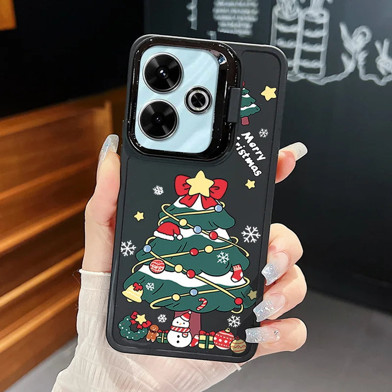 Merry Christmas Pattern Lens Frame Holder Case For Xiaomi Redmi Note 13 Pro 12 11 Pro 5G 13C 4G Kickstand Soft TPU Phone Cover
