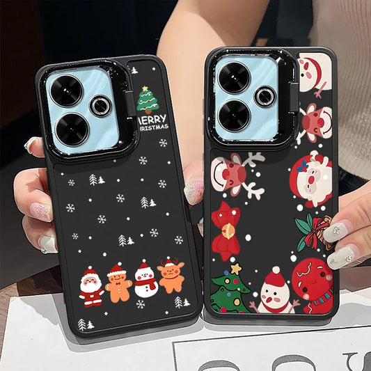 Cartoon Christmas Pattern Lens Frame Holder Case For Xiaomi Redmi Note 13 12 11 Pro 5G 13C 4G Kickstand Soft TPU Phone Cover