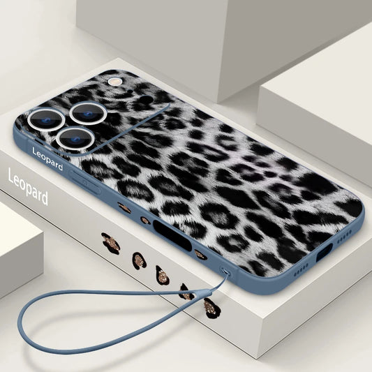 Wrist Strap Lanyard TPU Phone Case For iPhone 17 16 15 Pro Max 12 13 14 Pro Max Air 11 Grey Leopard Print Soft Silicone Cover