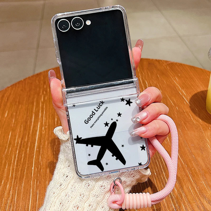 Wrist Strap Lanyard Phone Case For Samsung Galaxy Z Flip7 Flip6 Flip5 Flip4 Flip 7 FE 6 5 4 3 5G Airplane Pattern Folding Cover