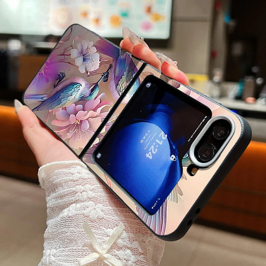 Blue Bird Flower Pattern Case For Samsung Galaxy Z Flip7 Flip6 Flip5 Flip4 Flip 6 5 4 3 5G Leather Texture Soft TPU Phone Cover