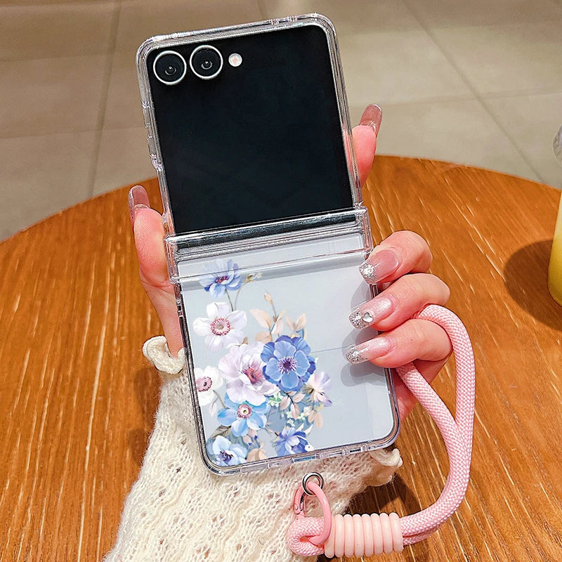 Wrist Strap Lanyard Phone Case For Samsung Galaxy Z Flip7 Flip6 Flip5 Flip4 Flip 7 FE 6 5 4 3 5G Tiny Hearts Pattern Back Cover