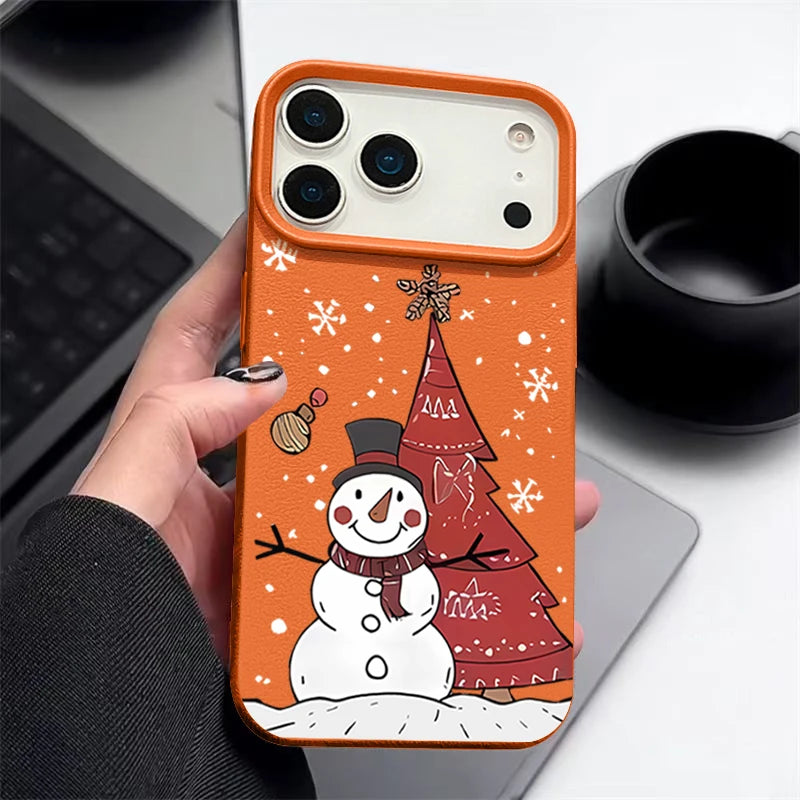 Christmas Snowman Print Phone Case For iPhone 17 16 15 14 Pro Max 13 12 Pro Air 11 16e Shockproof Leather Texture TPU Soft Cover