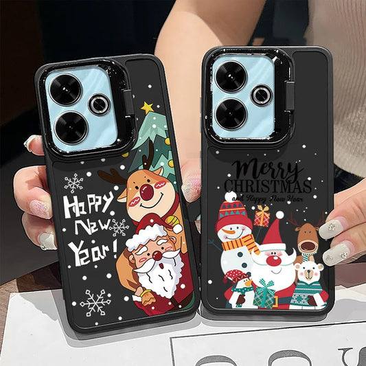 Christmas Elk Snowman Printed Lens Frame Holder Case For Xiaomi Redmi Note 13 12 11 Pro 5G 13C 4G Kickstand Soft TPU Phone Cover