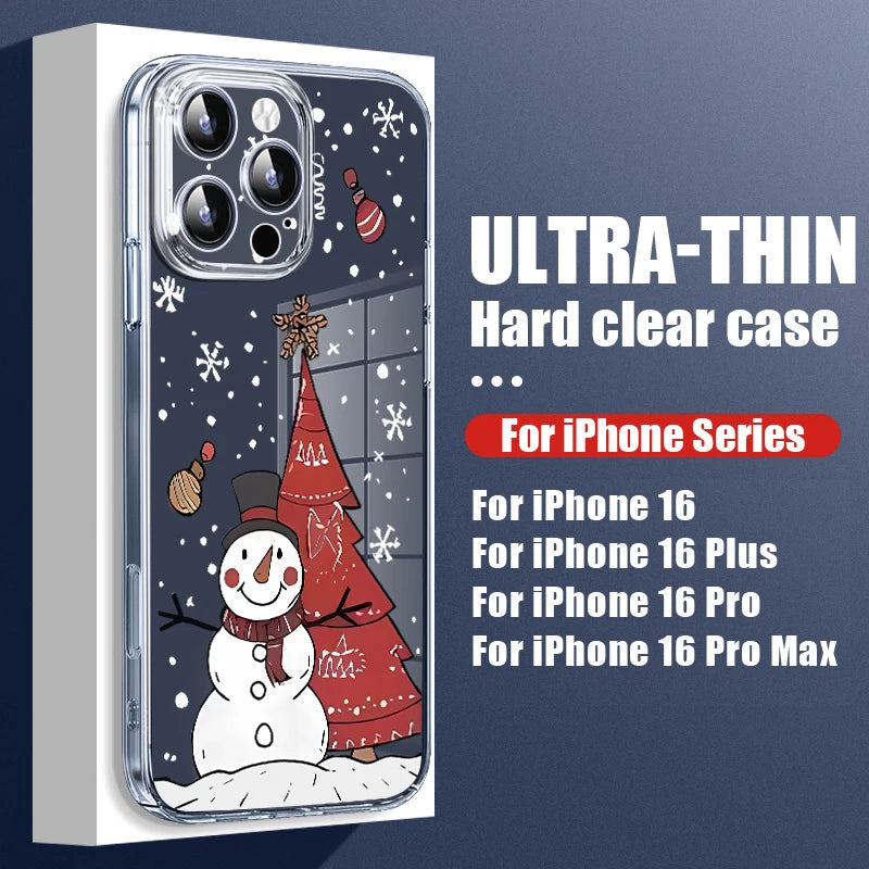 Transparent Hard PC Case For iPhone 17 15 14 13 12 16 Pro Max 16e 11 Crystal Clear Christmas Tree Snowman Printed Phone Cover