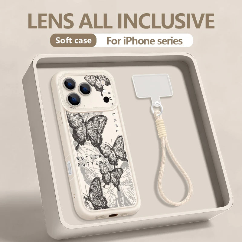 Wrist Strap Lanyard Phone Case For iPhone 17 Pro Max Air 16E 16 14 15 Pro 12 13 Pro Max 11 Sketch Butterfly Pattern TPU Cover