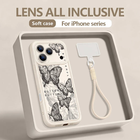 Wrist Strap Lanyard Phone Case For iPhone 17 Pro Max Air 16E 16 14 15 Pro 12 13 Pro Max 11 Sketch Butterfly Pattern TPU Cover