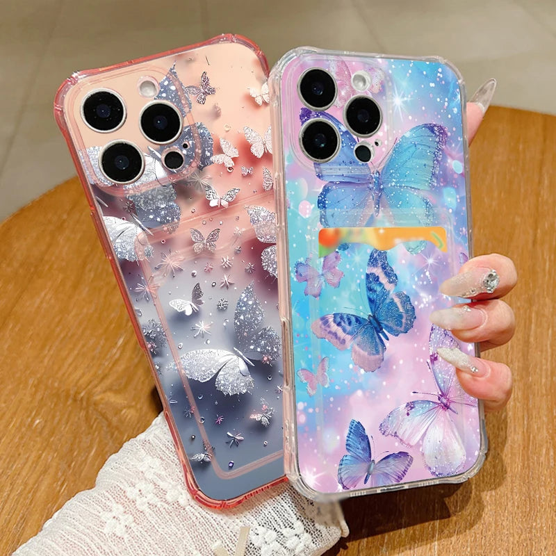 Card Slot Pocket Case For iPhone 17 16 Pro 15 14 13 Pro Max 11 Shockproof Gorgeous Butterfly Pattern Soft Silicone Phone Cover