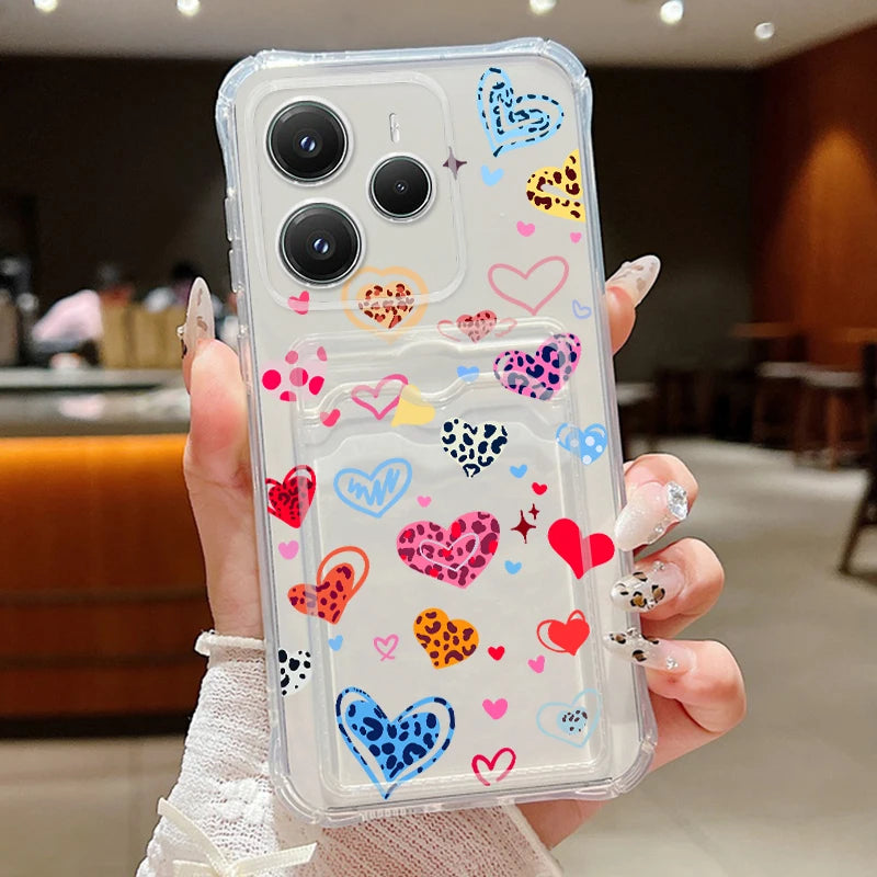 Card Slot Pocket Soft TPU Case For Xiaomi Poco X6 X7 F6 X5 Pro M6 Pro C65 Leopard Print Love Heart Pattern Silicone Phone Cover
