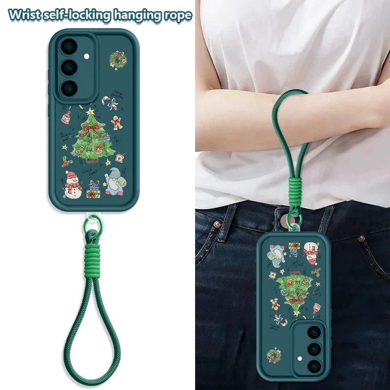 Christmas Tree Print Lanyard Phone Case For Samsung Galaxy S25 S23 S24 Ultra S24 S25 FE A17 A56 A16 A55 A15 A25 A26 5G TPU Cover