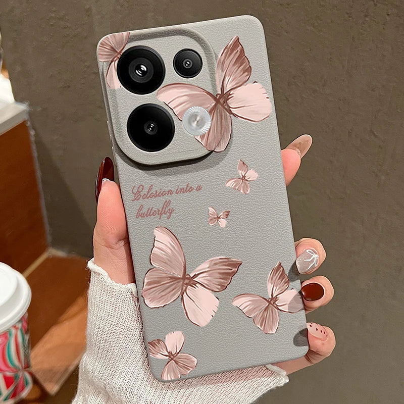 Pink Butterfly Pattern Phone Case For Xiaomi Redmi Note 14 13 Pro 4G Note 13 14 Pro Plus 5G 13C 11 Pro Leather Texture TPU Cover