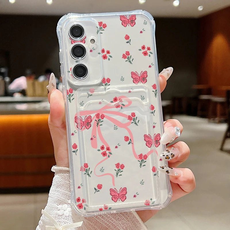 Card Slot Pocket Case For Samsung Galaxy S25 Edge S24 Ultra S23 S24 FE A56 A55 A25 A16 A15 A36 5G Pink Bowknot Printed TPU Cover
