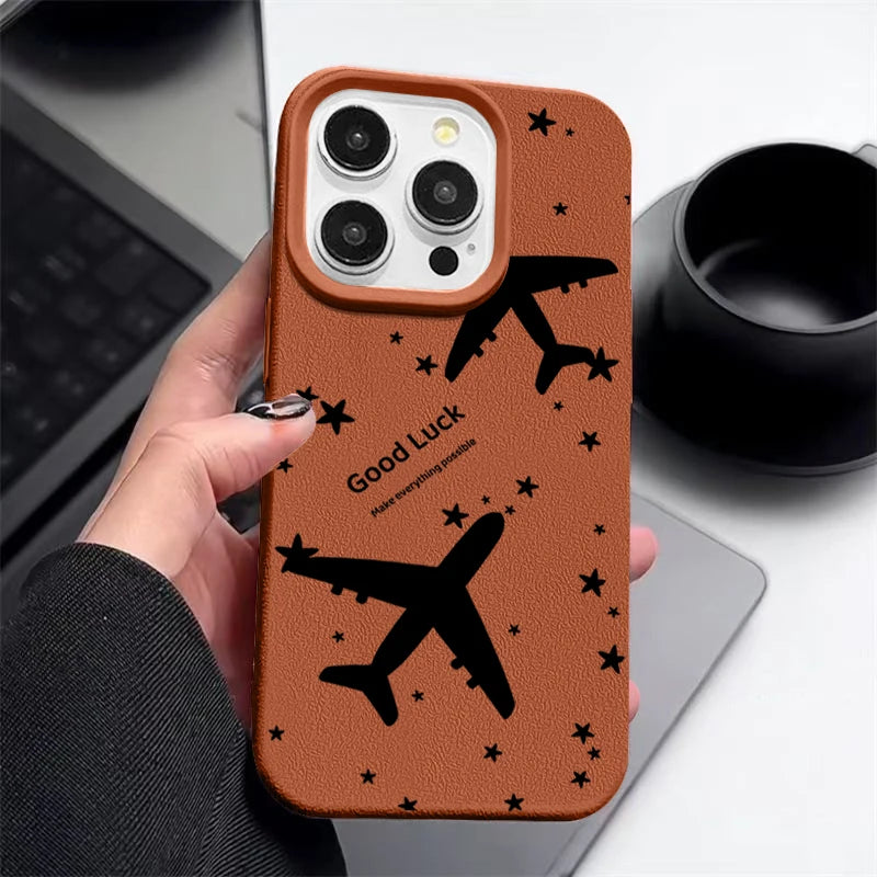 Airplane TPU Case For iPhone 16e 16 Pro Max 12 13 14 15 Pro Max 11 Shockproof Leather Texture Soft Silicone Phone Cover Fundas