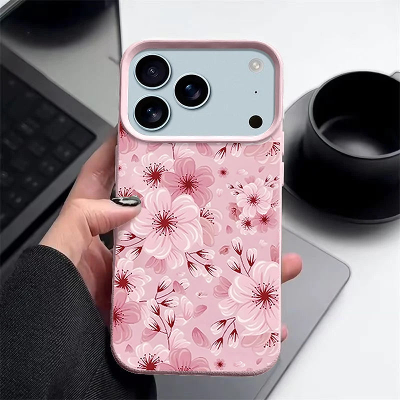 Pink Peach Blossoms Print Phone Case For iPhone 17 16e 16 15 Pro Max 14 13 12 Pro Max 11 Air Soft Leather Texture TPU Back Cover