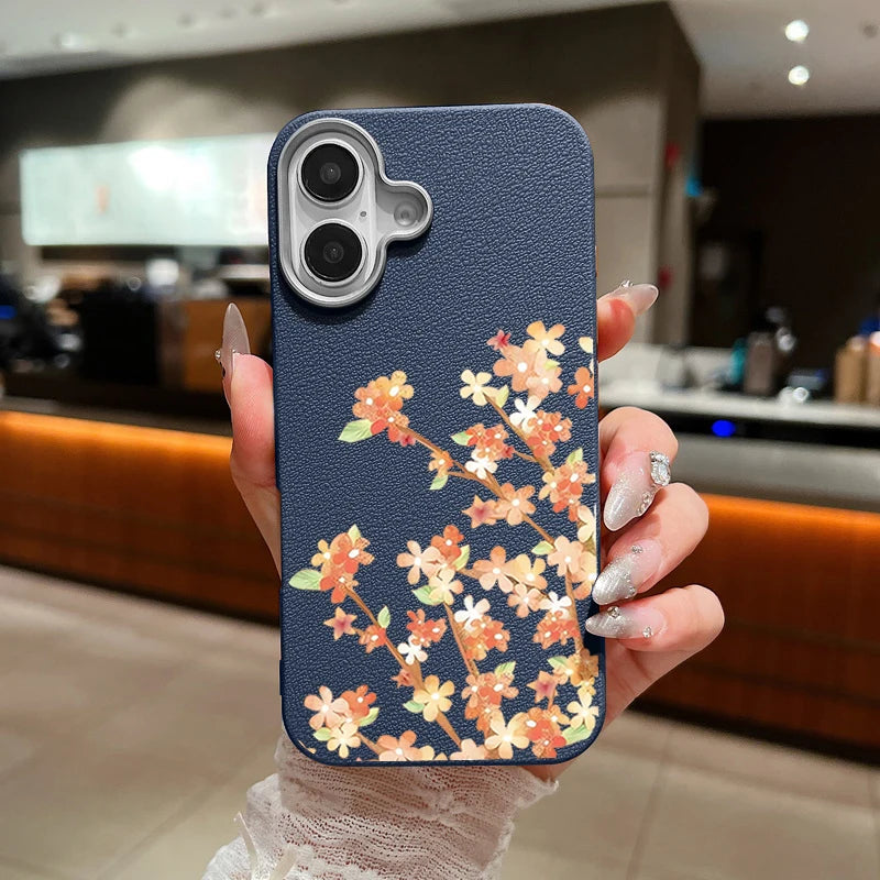 Leather Texture TPU Phone Case For iPhone 17 16 15 Pro Max 14 15 Plus 13 12 Pro Max 11 Air Orange Flowers Printed Back Cover