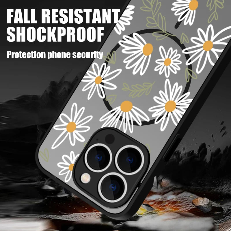 Hard Matte Magnetic Case For iPhone 16e 16 15 Pro Max 14 13 Pro For Magsafe Wireless Charge Small Flowers Print Phone Cover