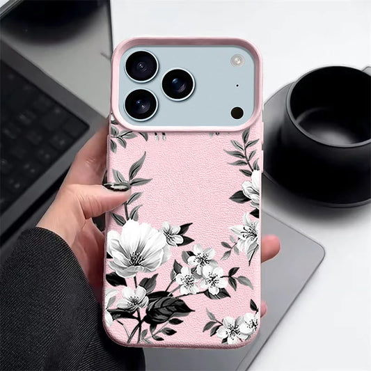 White Flowers Pattern TPU Phone Case For iPhone 17 16e 16 15 Pro Max 14 13 12 Pro Max 11 Air Soft Leather Texture Silicone Cover