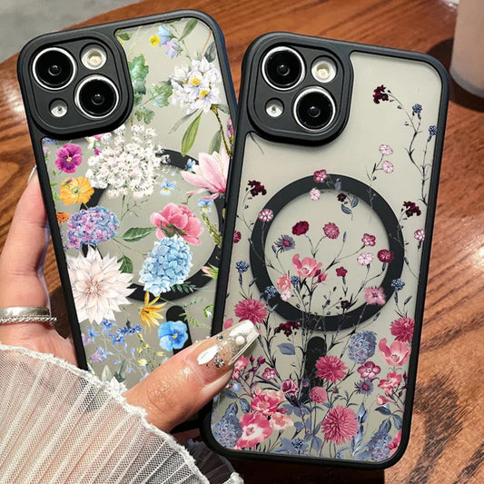 Flowers Print Magnetic Matte Case For iPhone 17 Air 16e 16 15 14 13 12 Pro Max 11 For Magsafe Wireless Charge Hard Phone Cover